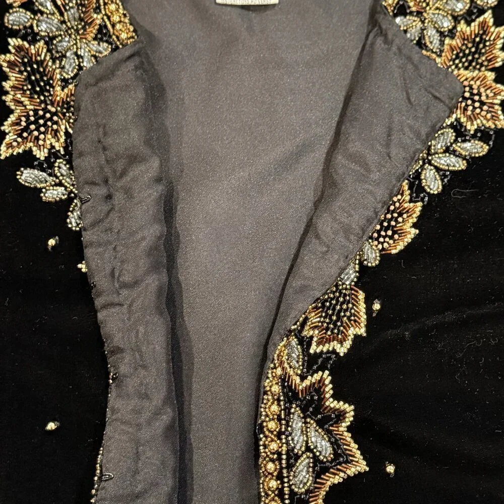 Vintage Beaded Black Velvet Gold Copper Luxurious Formal Womens Jacket Size 18
